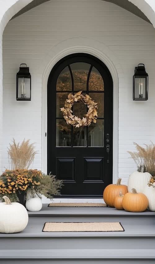 Arched black front door with a leaf wreath, lanterns, mums and pumpkins on the steps